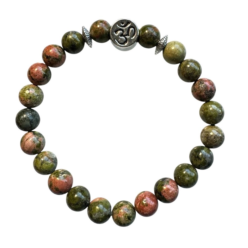 Healing Stone Unakite Bead Silver Plated OM Symbol Charm Stretch Bracelet NEW